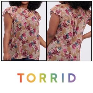 Torrid Tan/Floral Chiffon Ruffle Mock Neck Top NWT Size 3X